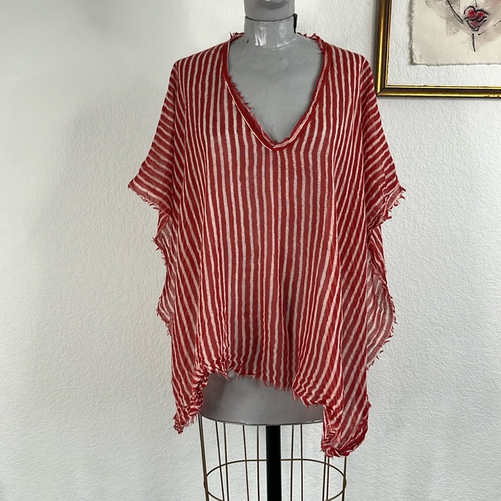 Mare Di Latte V Neck Striped Fringe Wool Silk Tunic Poncho
